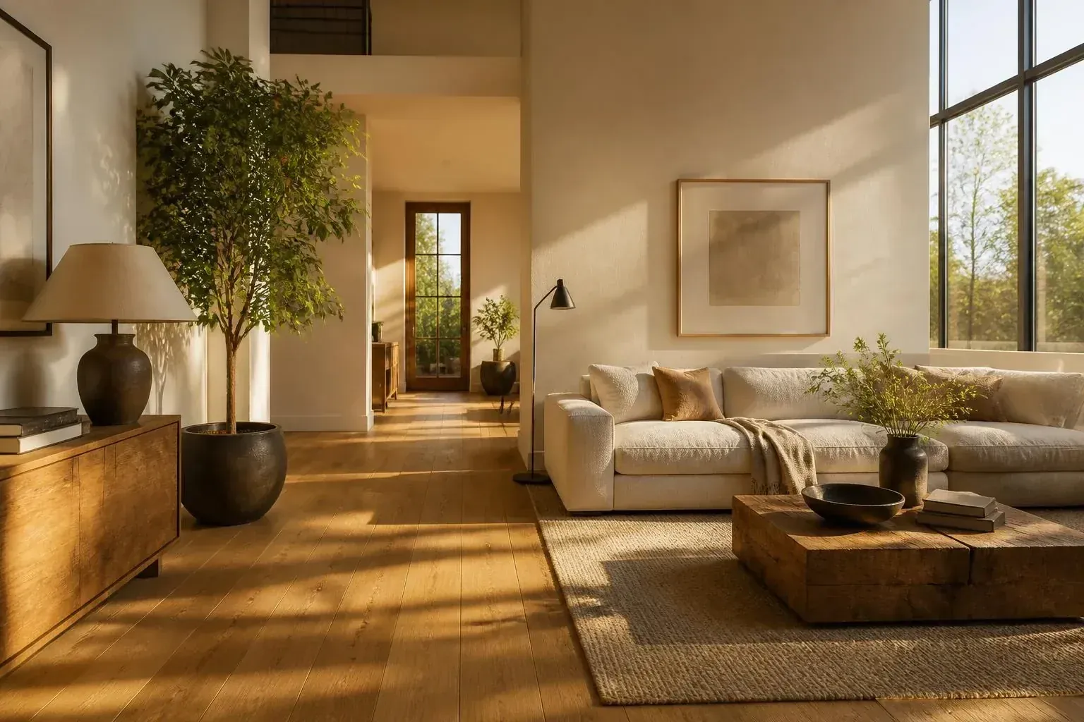 Sunlit Northeast Ohio living room with wide-plank hardwood floors installed by Angelo's Flooring